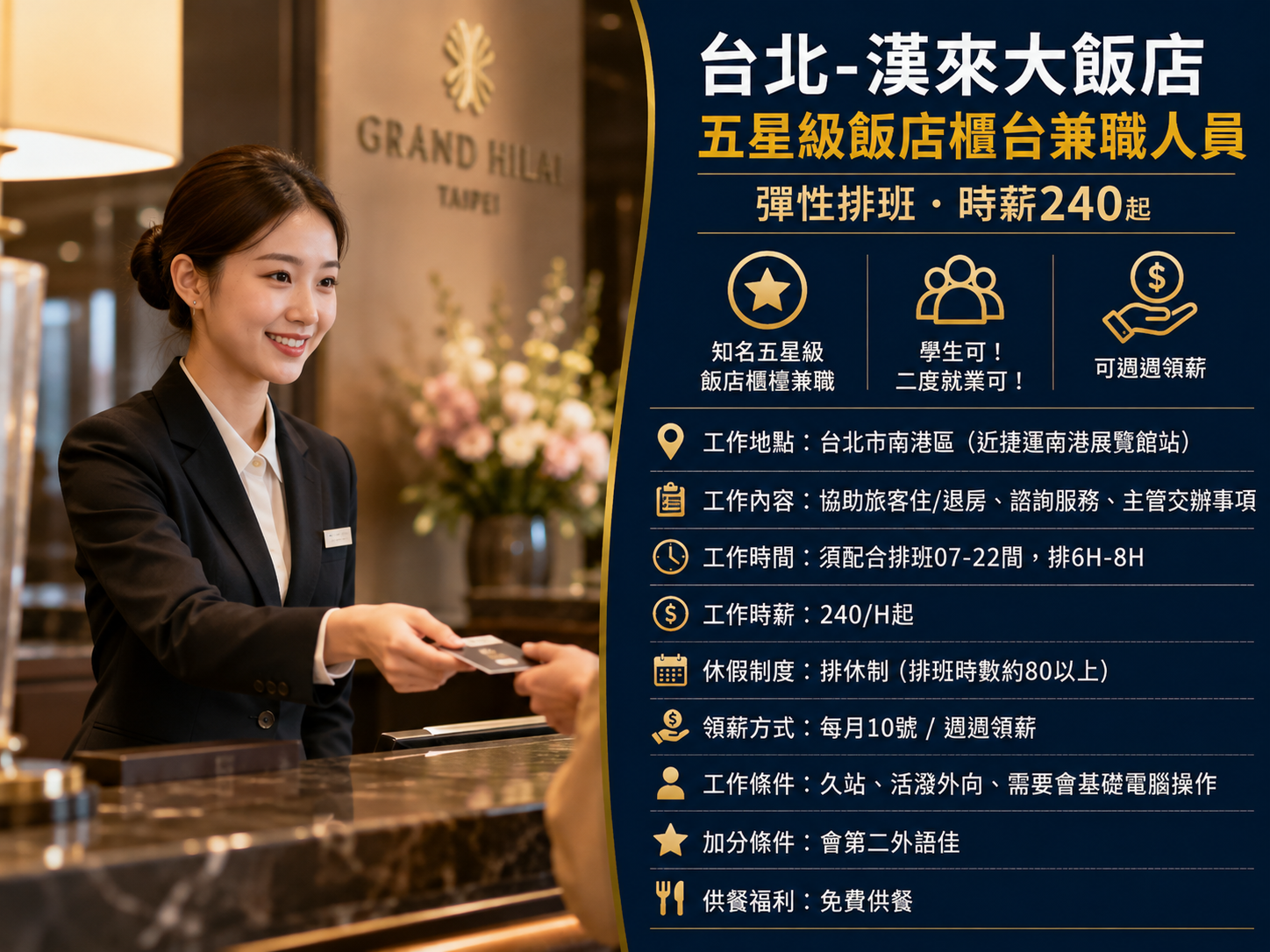 五星級飯店櫃台兼職人員-彈性排班